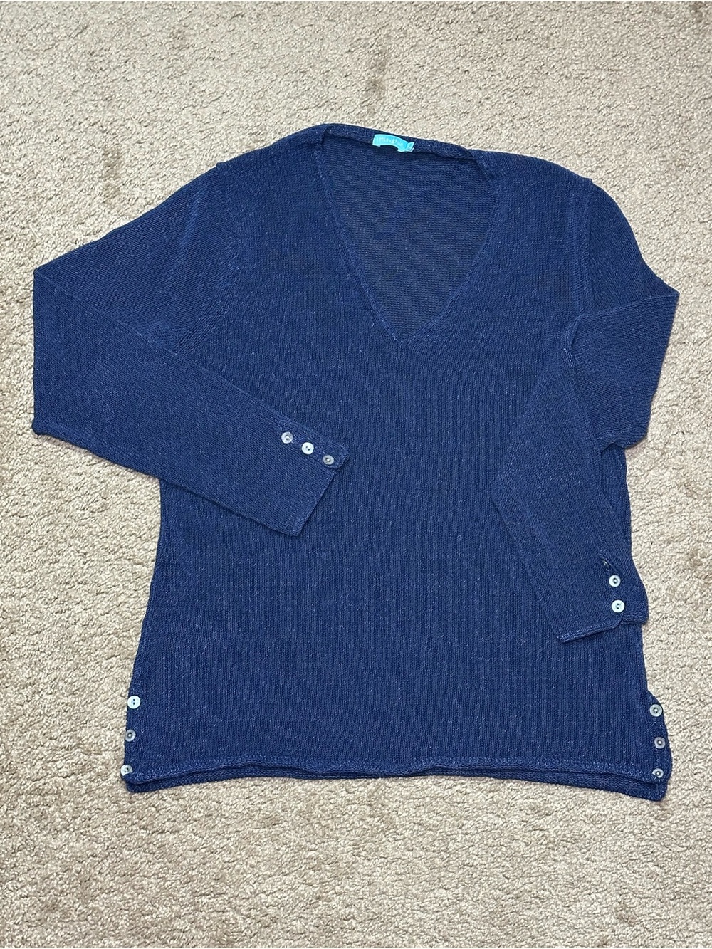 J. McLaughlin Navy Blue V-Neck Knit Sweater Button Cuff Detail
